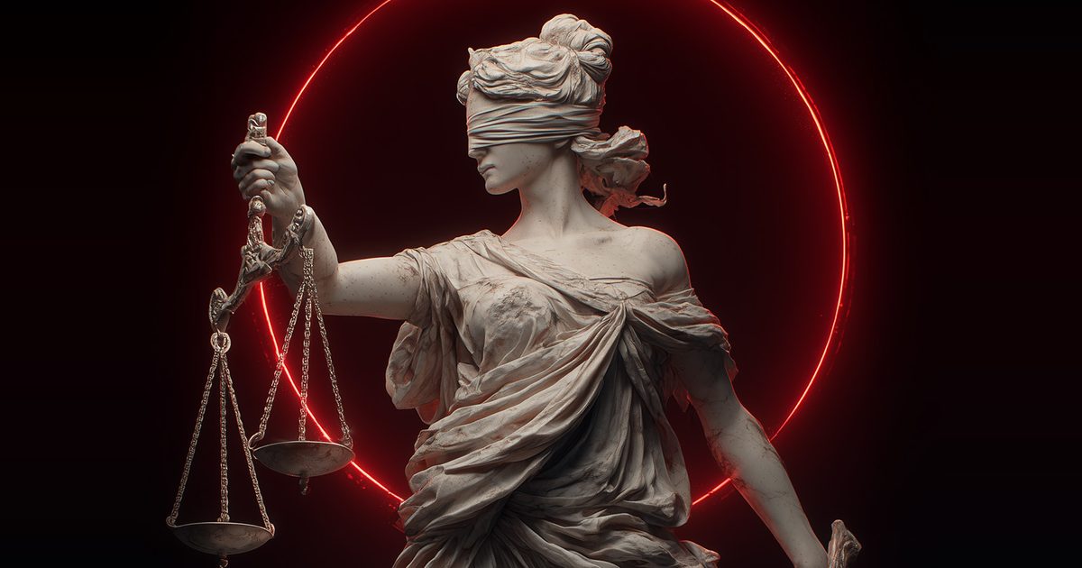 Lady Justice holding the scales, framed by a red neon ring